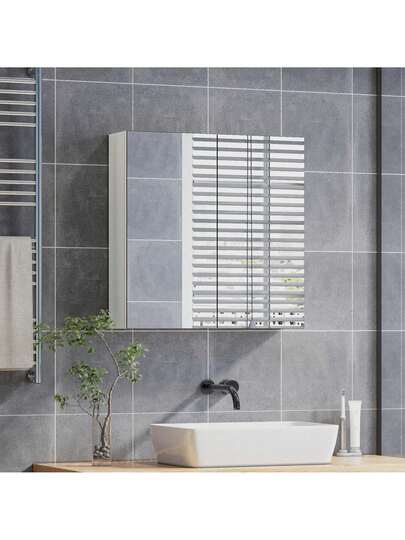 Wall-Mounted Mirror Cabinet White, 2-Door Mirrored Storage Cupboard, Adjustable Height Shelves Storage Unit (60 X 60 X 15 Cm)