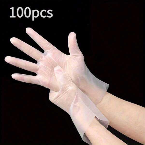 100pcs Premium TPE Disposable Gloves - Powder-Free, Transparent, Thick & Stretchy, Waterproof & Oil-Resistant, Suitable For Hairdressing, Beauty Salon, Kitchen Cleaning, Etc.