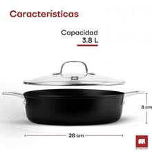 Arrocera Antiadherente Diamond Pro.Olla Baja con Mango de Acero Inoxidable y Tapadera de Vidrio Templado.Libre de PFOA.Para todo tipo de estufas, inducción, gas, cerámica.3,8 litros, 28 cm. - Diamante Pro - Ver 12