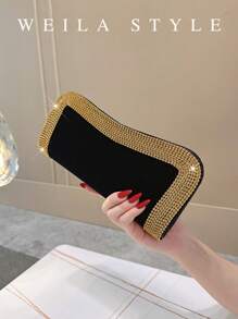Luxury Black Rhinestone Embellished Velvet Clutch Bag, Gold Diamond Trim Evening Bag For Wedding Party Prom Formal Gown Envelope Clutch Purse, High-End Fashion Small Shoulder Handbag