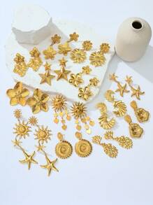 1 par de pendientes tipo botón con formas de corazón, estrella de mar, sol, floral y geométricas en tono dorado de acero inoxidable, adecuados para uso diario, playa, fiesta y vacaciones, gran regalo para amigos