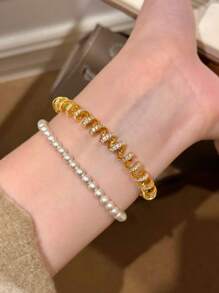 1pc Vintage Inspired Fully Rhinestone Decorated Water Wave Twisted Wire 17cm Bracelet, Luxurious Retro High-End Accessory, Heavy Weight