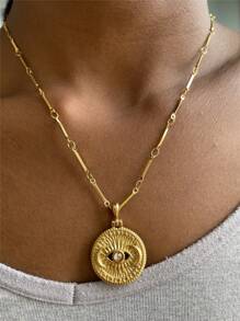 New Stainless Steel Necklace, Simple Elegant Rhinestone Sealed Eye Pendant Necklace