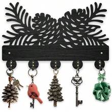 Pinecone Wall Key Holder, 11.8 X 7.4 Inches, 5 Alloy Hooks, Wood Wall Mount Rack, Black For Bedroom Kitchen Entryway Home Wall Art Decor - Cat Bird - View 8