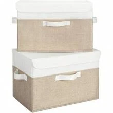 Cajas de almacenamiento de tela, caja de recuerdos, contenedores de almacenamiento grandes con tapas, organizadores de armario, cestas de almacenamiento para estantes - Blanco/Caqui - Ver 1