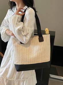 彩色条纹草编手提包 - 宽敞，PU皮革装饰，夏季海滩和日常使用的钱包