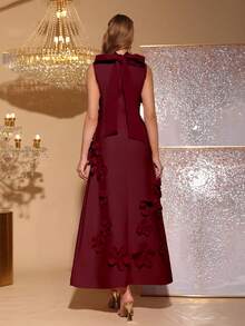 Modphy New High-End Elegant 3D Floral Decor Bodycon Turtleneck Sleeveless Butterfly Hanging Long Dress, Wedding Party Guest Bridesmaid Formal Maxi Gown For Women