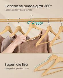 SONGMICS Percha de Madera, Juego de 30, Delgada, Muescas en Hombros, para Pantalones, Gancho Giratorio 360°, Abedul, Beige Natural MCRW030K01 - Marrón - Ver 7