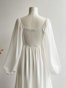 白色钩针蕾丝拼接长裙透明雪纺长袖高腰礼服波西米亚风茶会礼服 - 白色 - 查看 7