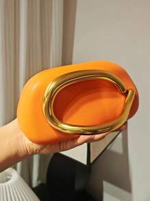 1pc Women's Fashion Evening Bag, Orange Color Bag, Party Bag, Round Acrylic Box Clutch, Mini Retro Metal Handle Chain Shoulder Bag, Handbag, Versatile Shoulder Crossbody Bag, Party Evening Clutch