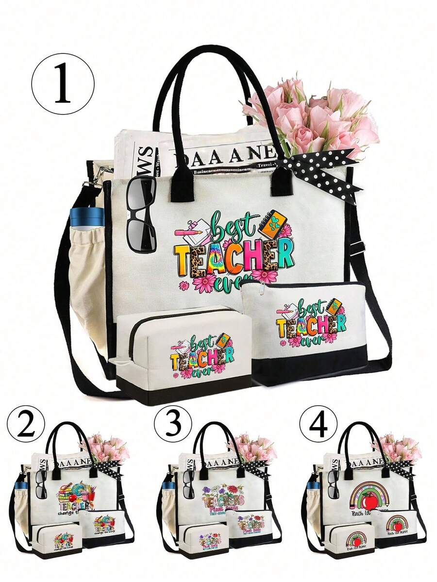 教师图案手提包带肩带和化妆包，（1个大包和2个小包），便携式休闲收纳手提包，多功能购物袋，带侧袋的个性化礼品袋，带围巾的沙滩包，适合教师，单肩包，日常使用，约会，度假，海滩，旅行，通勤，学生，母亲节礼物，教师节礼物，毕业礼物，（拉链随机）
