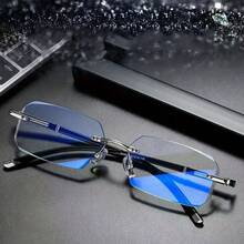 Men's Frameless Fashionable Glasses, Anti-Blue Light PC Lenses, Metal Hinges, Durable And Comfortable, Suitable For Casual Wear. Fashionable Glasses | Square Frame Glasses | Frameless Glasses - 藍片 - 查看 4