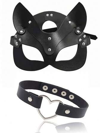 1/2pcs Women Leather Fox Half Mask And Heart Neck Rings,Cosplay Holiday Decoration Props Underwear Accessories