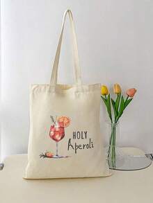 Holy Aperoli Cocktail Printed Tote Bag, Hand Washable, No-Closure Shoulder Bag With Wine Glass Design, For Daily Use - Multicolor - View 3