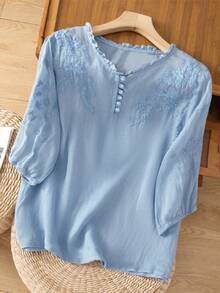 Women Loose Fit Viscose Embroidered Vintage Inspired Plus Size Mid Sleeve Shirt Blouse, Suitable For Spring And Summer