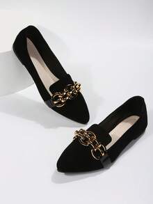 Foreign Trade Large Size Women's Spring And Autumn New Fashion Black Metal Chain Decoration Shallow Mouth Pointed Flat Shoes Daily Wear Comfortable All-Match Commuting Work Driving Party One-Step Soft Sole Toe Shoes Women's Shoes - 黑色 - 查看 4