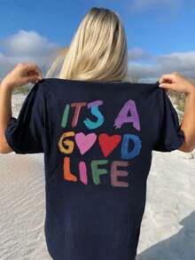 Women's Colorful Slogan Print Casual Round Neck Short Sleeve T-Shirt, New Summer Fashion, Suitable For Daily Wear. Women's Vacation Graphic Tee, Women's White Top - Navy Blue - View 9