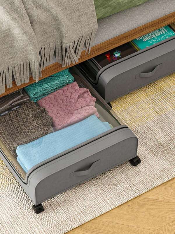 1pc Under Bed Storage Organizer, Metal Underbed Bins With Wheels And Lid,Transparent Visual Under Bed Shoe Storage Organizer Drawer ,Underbed Storage Containers, Space Saving Storage Bags For Clothes, Bedding, Shoes, Blankets