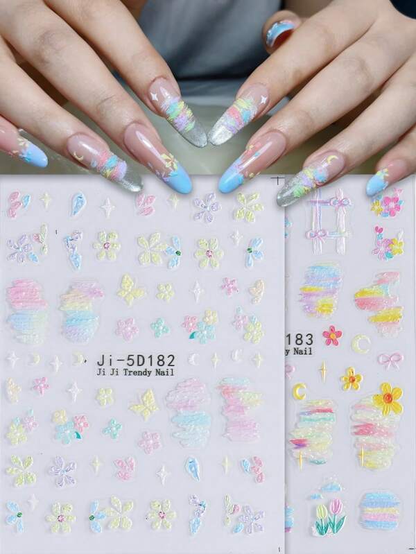 1/2 Pcs Spring And Summer Color 5D Relief Three-Dimensional Paper Oil Painting Style Simple Monet Garden Fresh And Simple Butterfly Daisy Small Flower Nail Stickers, Self-Adhesive Disposable, Suitable For Ladies And Girls Fashion DIY Nail Art