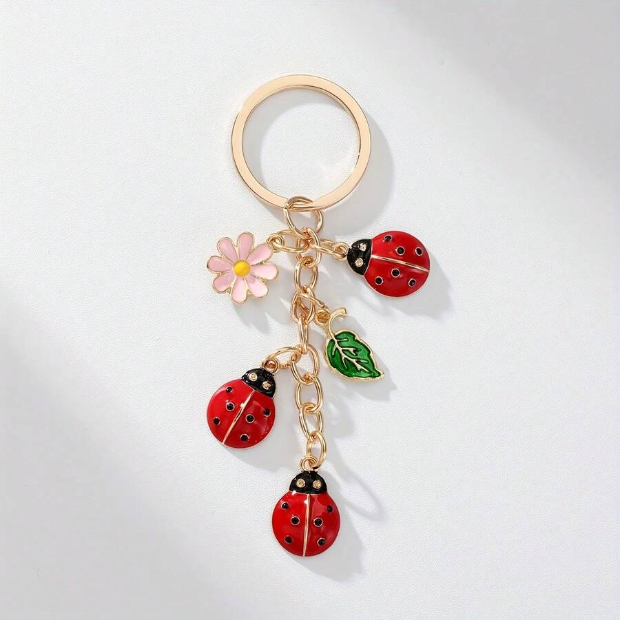 Cute Ladybug Keychain With Flower Charm, Enamel Alloy Key Ring Pendant,  Bag & Purse Accessory, Adorable Insect-Themed Gift For Women & Girls - 彩色 - 查看 1