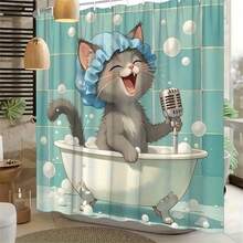 1 件卡通猫浴帘，耐用涤纶面料，防水，免打孔，易于安装，适合家庭、酒店、度假、猫爱好者礼物、浴室窗帘淋浴套装，带 12 个挂钩，McBa 猫唱歌