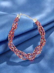 1 Collar trenzado en rojo, azul y blanco, un accesorio elegante y versátil adecuado para playas, vacaciones y fiestas durante todo el año, con patrones exquisitos y complejos