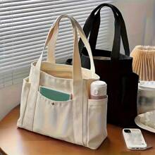 1 pieza/2 piezas Bolso de lona de gran capacidad, bolso de hombro con múltiples bolsillos, bolso de compras reutilizable, fácil de llevar con asa cómoda, para uso diario y regalos, bolso portátil para la escuela, el trabajo, los viajes y las compras