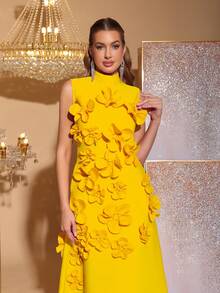 Modphy 新款时尚高端 3D 花卉装饰修身高领无袖蝴蝶结长裙，优雅伴娘/婚礼宾客正式派对礼服 - 黃色 - 查看 7