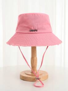 Korean Style Frayed Metal Letter Bucket Hat, Washed Vintage Rose Red Outdoor Hiking Sun Protection Cap For Women,Holiday,Travel - Hot Pink - View 2