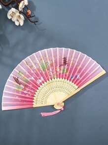 Abanico de seda plegable con decoración de flecos, accesorio tradicional chino clásico portátil para el disfraz, 1 pieza de patrón aleatorio en color rosa, mejor para regalo