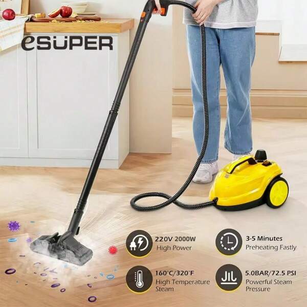 ESUPER Steam Cleaner, Steam Mop With 18 Accessories, Powerful Multipurpose Portable Steamer For Cleaning To Remove Grime, Grease, Chemical-Free Steam Cleaning, Hardwood Floors, Tile, And More, 3M Power Cord, 2M Air Outlet Pipe