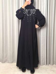 Elegant Solid Color Women's Robe, Western & Retro Style, Black Long Sleeve Abaya Jalabiya With Zipper, Pearls & Rhinestones, Modest Kaftan