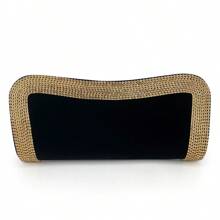 Luxury Black Rhinestone Embellished Velvet Clutch Bag, Gold Diamond Trim Evening Bag For Wedding Party Prom Formal Gown Envelope Clutch Purse, High-End Fashion Small Shoulder Handbag