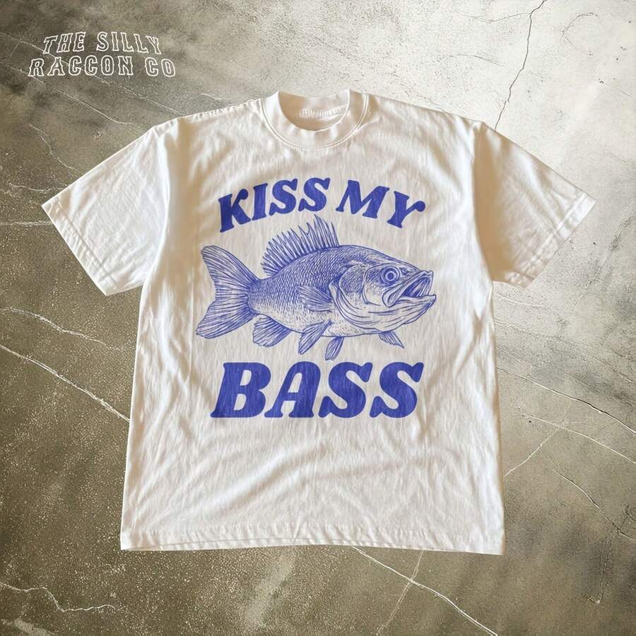 Retro Fishing Shirt, Kiss My Bass , Funny Angler Gift For  Dad Grandpa, Bass Fishing T-Shirt, Outdooran Humor Top, Fisherman Gift220G Heavyweight 100% Pure Cotton T-Shirt. Ladies' Top - A Fusion Of Streetwear, Minimalism, And Casual Comfort - Suitable For Layering In All Seasons, WFH Days, Or Fashion Weekends - Pm Choice Gift For Artists, Creators, And Fashion Fans - 白色 - 查看 1