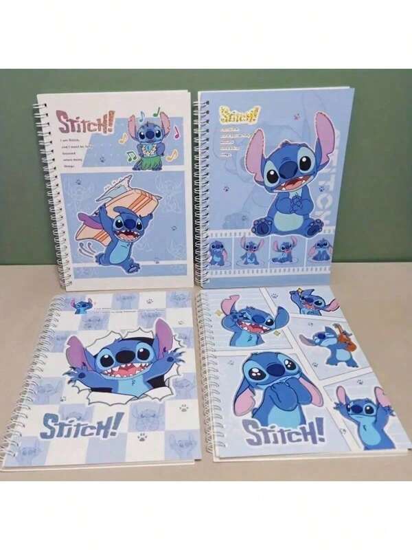 Disney Cuaderno con tema de Stitch - 4 piezas: 1 pieza de acabado brillante, cuaderno de escritura personalizado con dibujos animados de estilo americano y encuadernación de espiral, en idioma inglés, útiles escolares, de vuelta a la escuela