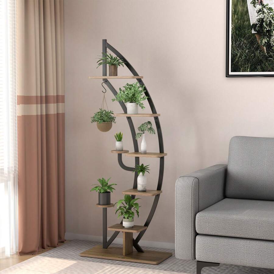 GOFLAME 8-Tier Tall Wooden Plant Stand Rack Curved Half Moon Shape Ladder Planter Shelf - Khaki - View 1