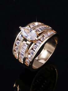 1pc Elegant 18K Gold Plated Triple Row CZ Engagement RingS Accessories For Women, Copper Main Material, Glitter Style, Suitable For Daily And Wedding Occasions