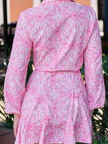 Andrea Bello Random Allover Print Belted Shirt Dress Vacation Outfits Woman  - Multicolor - View 9