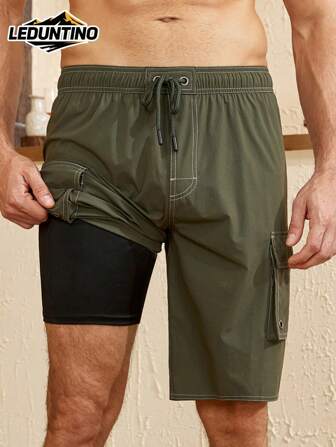 LEDUNTINO [春夏] 男士时尚二合一双层短裤 运动纯色 老公/男友礼物 男士夏季户外松紧腰短裤 沙滩/度假 多口袋 短裤 男士春夏下装