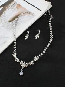 Women's Fashion Crystal Jewelry Set, Bride Wedding White Crystal Eye-Shape Inlaid Accessories Minimalist Necklace & Earrings 3 PiecesSet, Party Dress Decorations