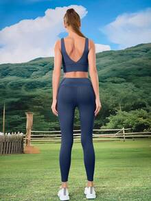Casual Everyday Fitness Yoga Leggings, Pilates & Outdoor Tights - Navy Blue - View 8