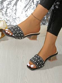 Sandalias de tacón alto grueso con punta abierta para mujer, correa de PVC transparente con decoración de rhinestones, chanclas de verano de tacón medio con slip-on, regalo de San Valentín - Negro - Ver 2