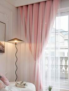 1 Chiếc Rèm Polyester Hai Lớp Thiết Kế Ngôi Sao Rỗng Với Ren Sheer, Chặn Ánh Sáng Cho Phòng Ngủ Và Phòng Khách, Rèm Phong Cách Công Chúa Dễ Thương Và Độc Đáo Thích Hợp Cho Lễ Hội - Hồng - Xem 6