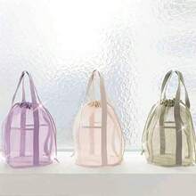 1pc Transparent Mesh Beach Bag, Storage Handbag, Drawstring Pocket, Portable Swimming Wash Bag, Wash Bag Suitable For Travel Storage - White - View 1