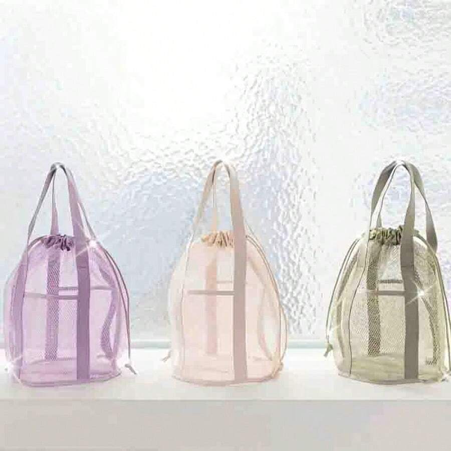 1pc Transparent Mesh Beach Bag, Storage Handbag, Drawstring Pocket, Portable Swimming Wash Bag, Wash Bag Suitable For Travel Storage - White - View 1