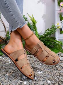 European&American New Hollow Out Woven Flat Slide Sandals With Buckle, Versatile To Pair With Dresses, Casual Beachwear, Retro Style Slip-On Open Toe Breathable Non-Slip Mules For Women