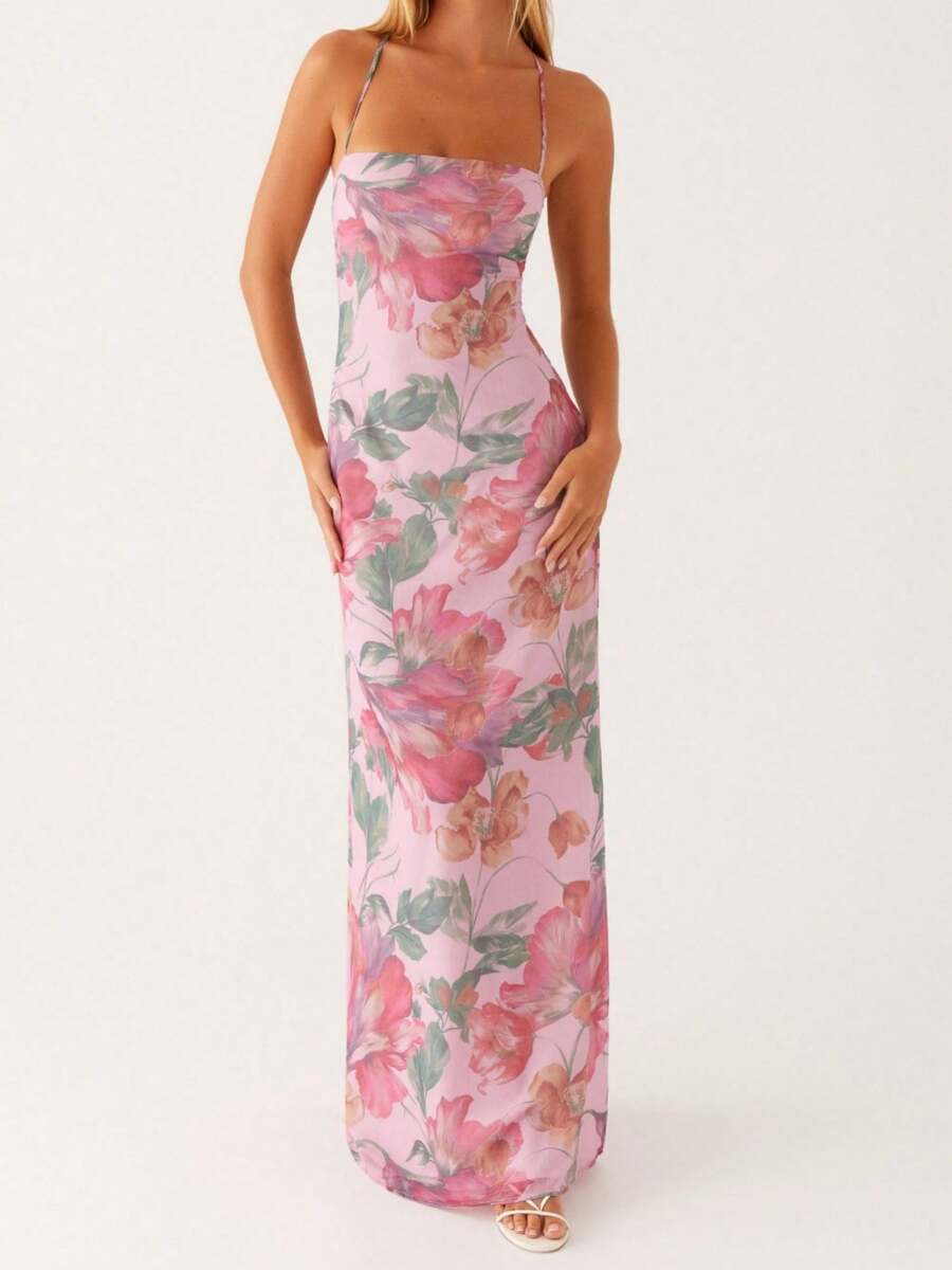 Women's Y2K Summer Maxi Dress Floral Print Sleeveless Cami Long Dress Cross Tie-Up Backless Fashion Spaghetti Strap Dress Beach Vacation Streetwear - 紫羅蘭色 - 查看 1