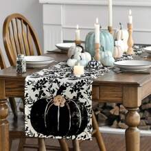 Pumpkin Vine & Dark Floral Autumn Table Runner, Seasonal Fall Kitchen Dining Table Decor For Home Party