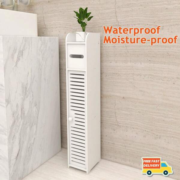 AutoFu White Bathroom Floor Cabinet With Daily Use Layer And 1 Cupboard Door, Waterproof Free Standing Slim Bathroom Storage Unit, Multi-Purpose Cabinet For Store Toilet Paper, Books, Shampoo, 15x17x80cm