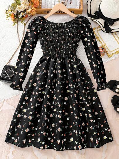 Sweet And Cool Black Base Floral Dress For 12-Year-Old Girls; Long-Sleeved Dress.